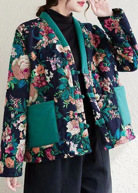 Boho Navy V Neck Pockets Print Fine Cotton Filled Jackets Winter