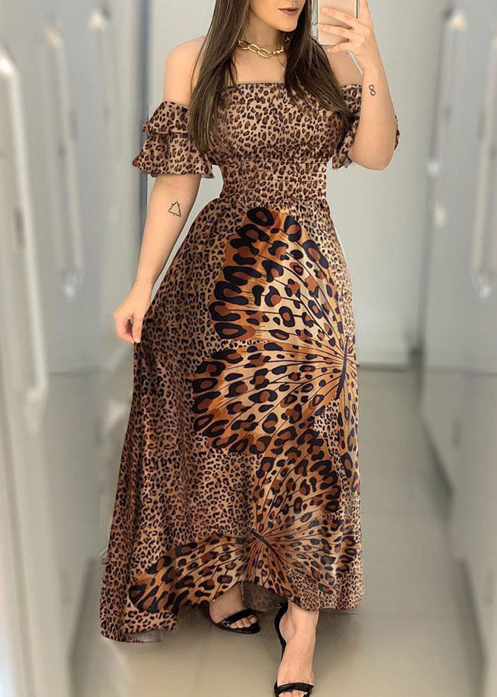 Boho schulterfreies Leopardenmuster extra großer Saum Cinch Kleid Vestidos Schmetterlingsärmel