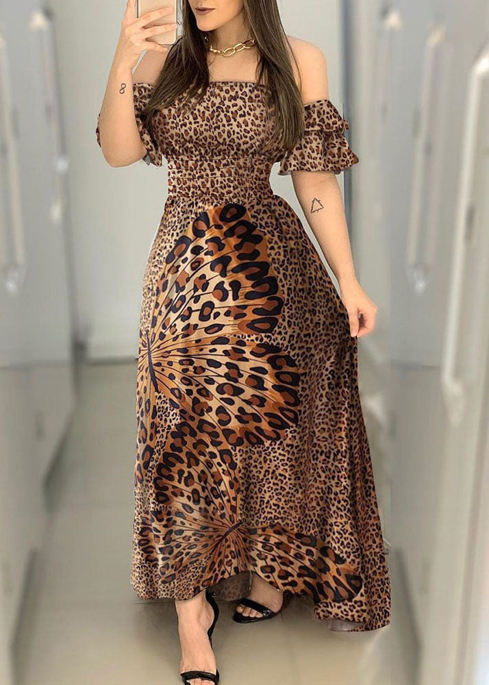 Boho Off The Shoulder Leopard Print Exra Large Hem Cinch Dress Vestidos Butterfly Sleeve