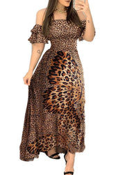 Boho Off The Shoulder Leopard Print Exra Large Hem Cinch Dress Vestidos Butterfly Sleeve