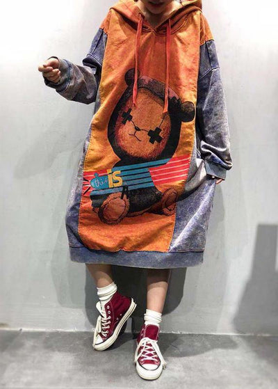 Boho Orange Hooded Dress Cartoon Printing Spring Maxi Dress - bagstylebliss