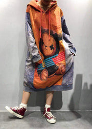 Boho Orange Hooded Dress Cartoon Printing Spring Maxi Dress - bagstylebliss