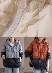 Boho Orange Patchwork Black hooded Loose Winter Down coat