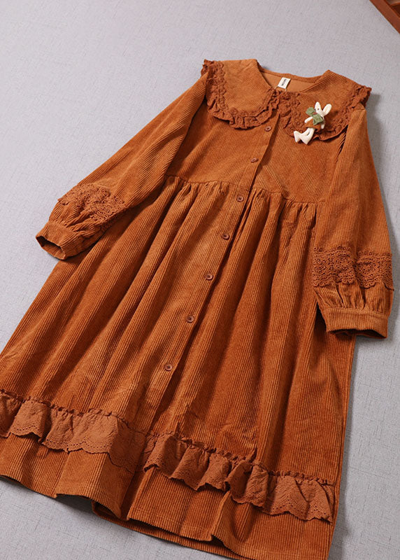 Boho Orange Peter Pan Collar Patchwork Corduroy Maxi Dresses Winter