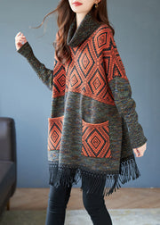 Boho Orange Tasseled Patchwork Knit Dress Spring