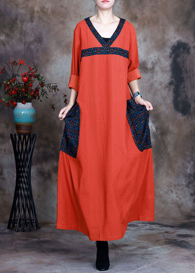 Boho Orange V Neck Pockets Print  Fall Long sleeve Dresses