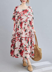 Boho Pink  Floral  O-Neck Patchwork Summer Half Sleeve Dresses - bagstylebliss