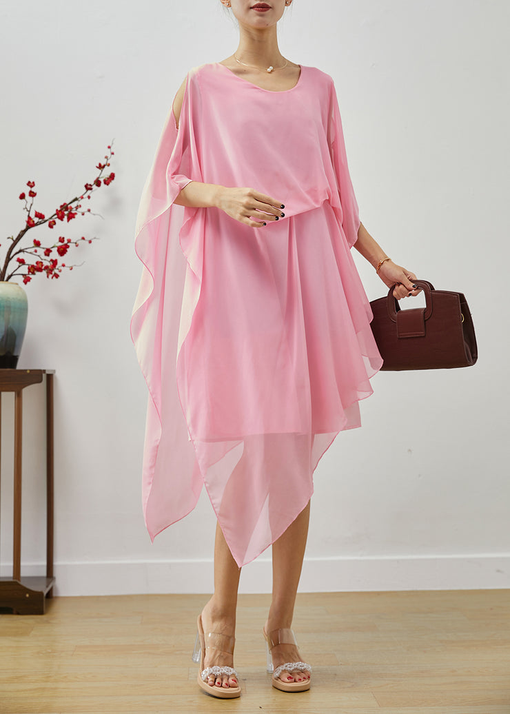 Boho Pink Asymmetrical Cold Shoulder Chiffon Beach Dresses Summer