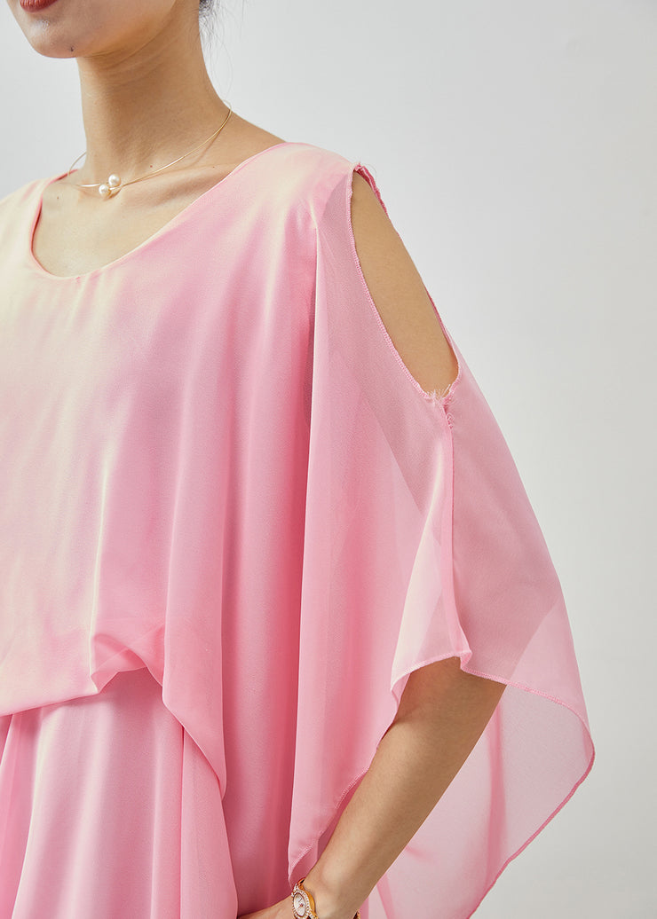 Boho Pink Asymmetrical Cold Shoulder Chiffon Beach Dresses Summer