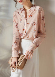 Boho Pink Peter Pan Collar Print Silk Blouses Spring