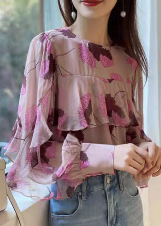 Boho Pink Rüschen O-Neck Print Patchwork Chiffon Shirt Langarm