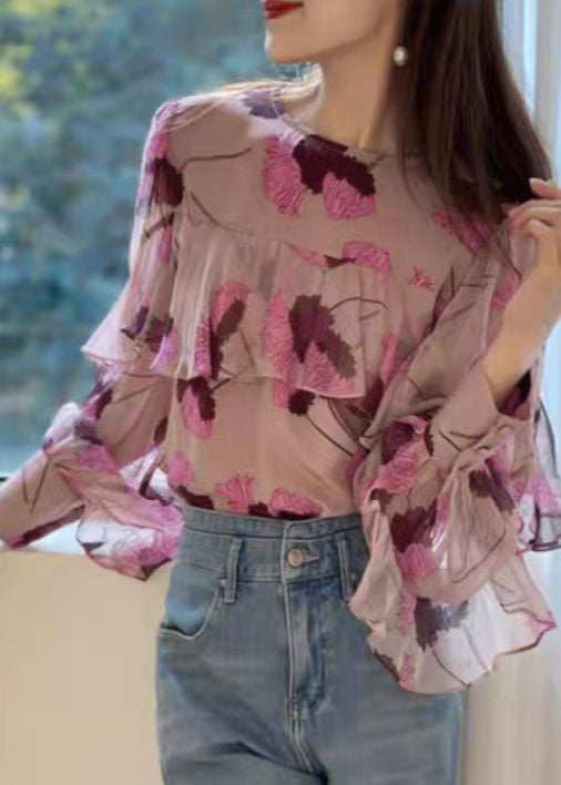 Boho Pink Ruffled O-Neck print Patchwork Chiffon Shirt Long Sleeve