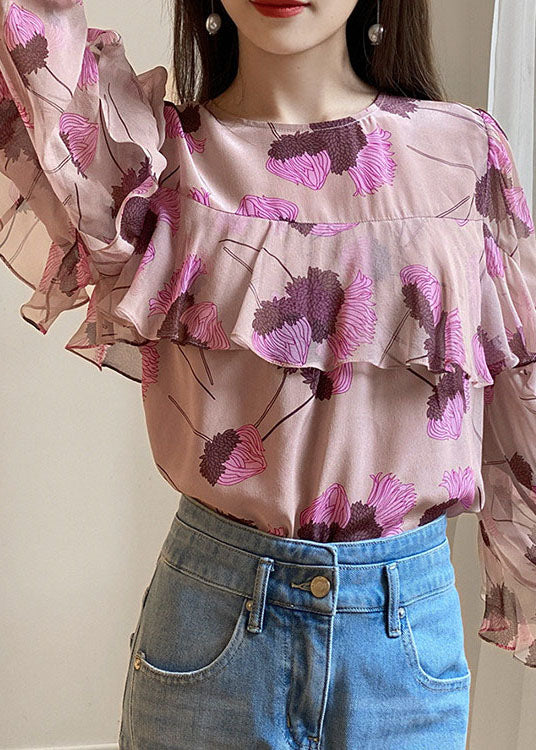 Boho Pink Ruffled O-Neck print Patchwork Chiffon Shirt Long Sleeve