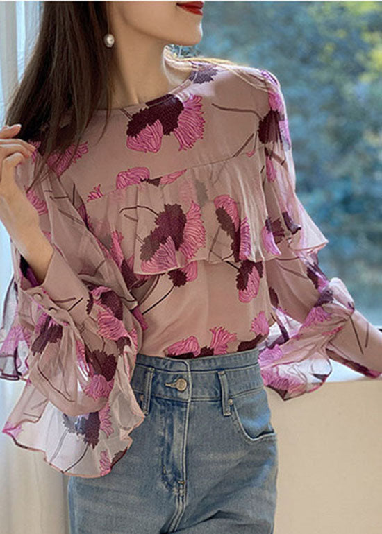 Boho Pink Rüschen O-Neck Print Patchwork Chiffon Shirt Langarm