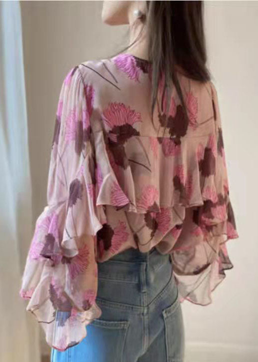 Boho Pink Ruffled O-Neck print Patchwork Chiffon Shirt Long Sleeve