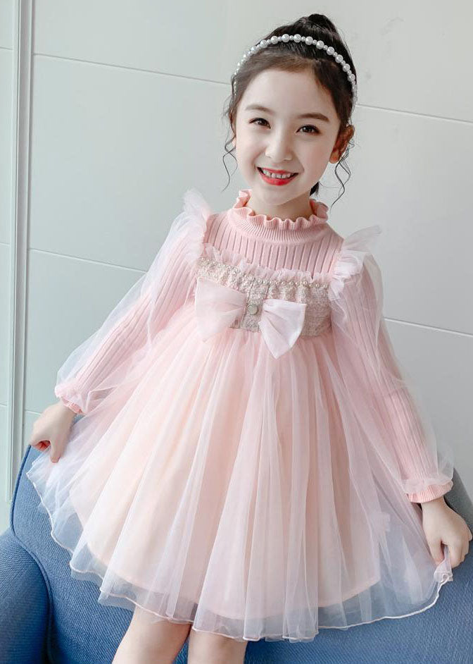 Boho Pink Stand Collar Bow Knit Patchwork Tulle Girls Vacation Maxi Dresses Fall