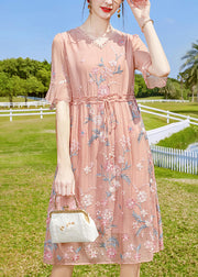 Boho Pink V Neck Floral Embroideried Silk Long Dresses Short Sleeve