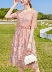 Boho Pink V Neck Floral Embroideried Silk Long Dresses Short Sleeve