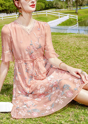 Boho Pink V Neck Floral Embroideried Silk Long Dresses Short Sleeve