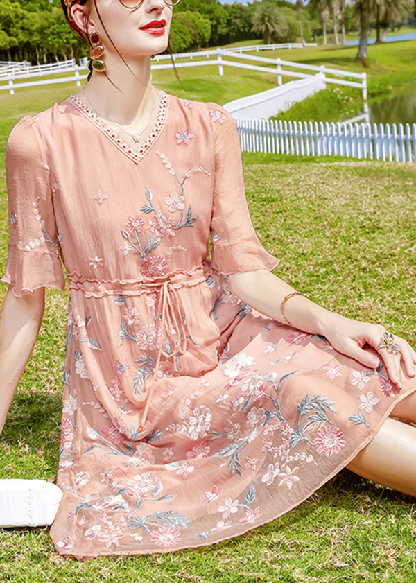 Boho Pink V Neck Floral Embroideried Silk Long Dresses Short Sleeve