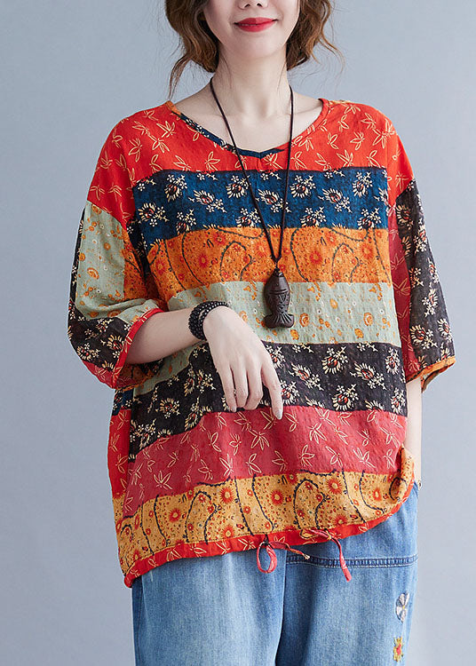 Boho Print V-Ausschnitt Patchwork lose Kordelzug Herbstblusen halbe Ärmel