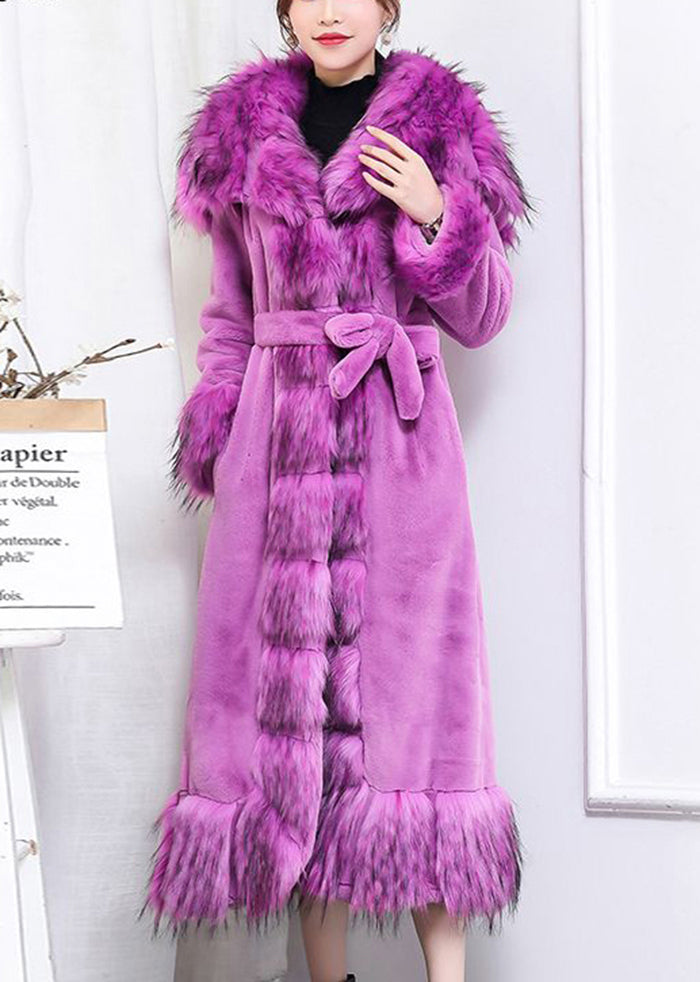 Boho Purple Fur Collar Patchwork Tie Waist Faux Fur Long Coat Winter