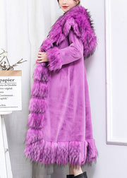 Boho Purple Fur Collar Patchwork Tie Waist Faux Fur Long Coat Winter