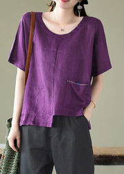 Boho Purple O-Neck asymmetrical design pocket Linen Top Short Sleeve