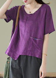 Boho Purple O-Neck asymmetrical design pocket Linen Top Short Sleeve