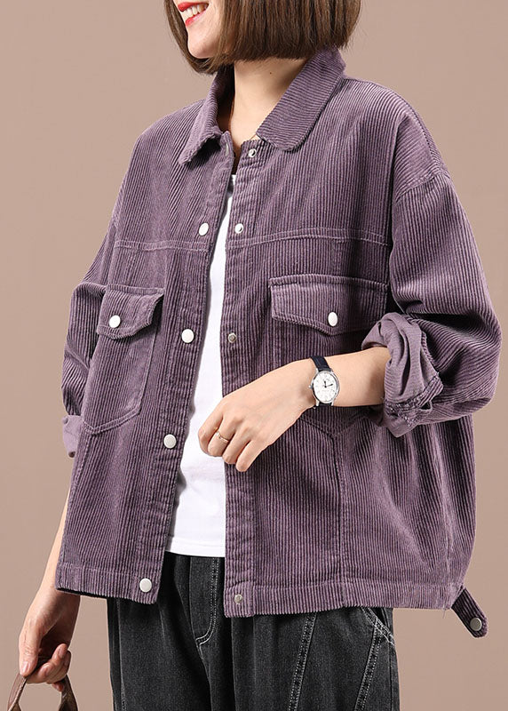 Boho Purple Peter Pan Collar Pockets Button Fall Coat Long Sleeve