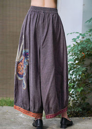 Boho Purple retro Embroidered Oriental lantern Casual Fall Pants Trousers