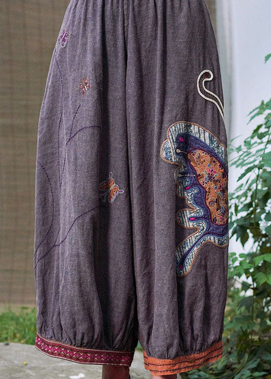 Boho Purple retro Embroidered Oriental lantern Casual Fall Pants Trousers