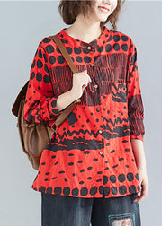 Boho Red O-Neck Button Print Pockets Fall Blouses Long sleeve