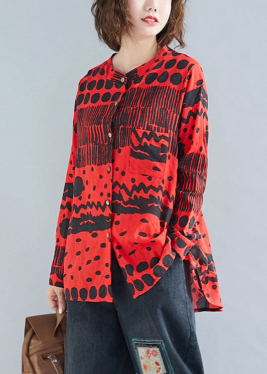 Boho Red O-Neck Button Print Taschen Herbstblusen Langarm