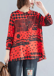 Boho Red O-Neck Button Print Pockets Fall Blouses Long sleeve