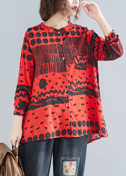 Boho Red O-Neck Button Print Taschen Herbstblusen Langarm