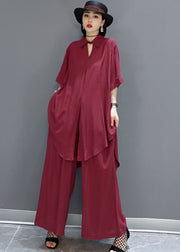 Boho Red Peter Pan Collar shirt wide leg pants Satin Two Pieces Set Spring