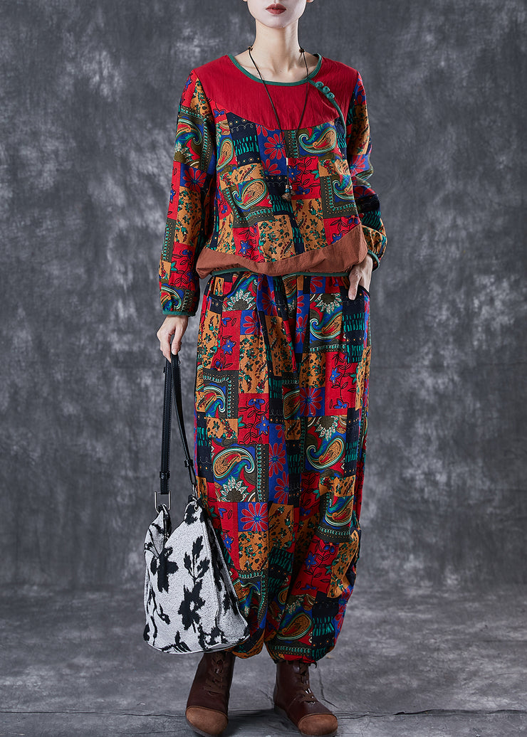 Boho Red Print Patchwork Cotton Women Two-Piece Set Fall