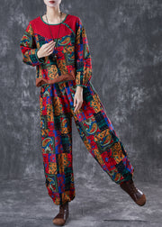 Boho Red Print Patchwork Cotton Women Two-Piece Set Fall