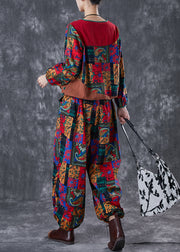 Boho Red Print Patchwork Cotton Women Two-Piece Set Fall