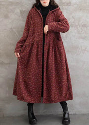 Boho Red Print Pockets Patchwork Warm Fleece Hooded Trench Winter