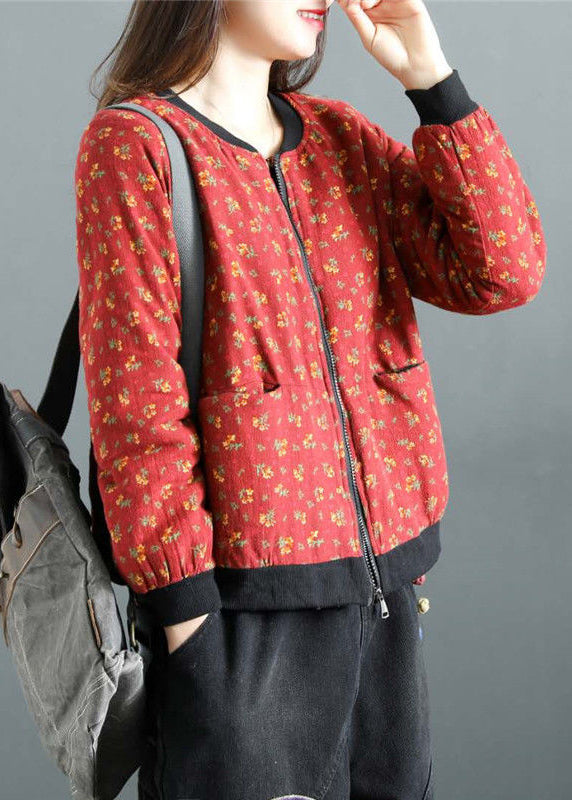 Boho Red Print Zip Up Pockets Patchwork Fine Cotton Filled Witner Coats