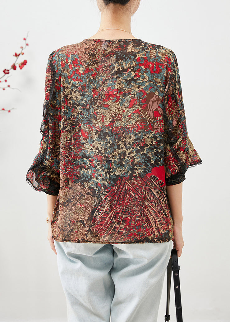 Boho Red Ruffles Patchwork Print Chiffon Shirt Top Fall