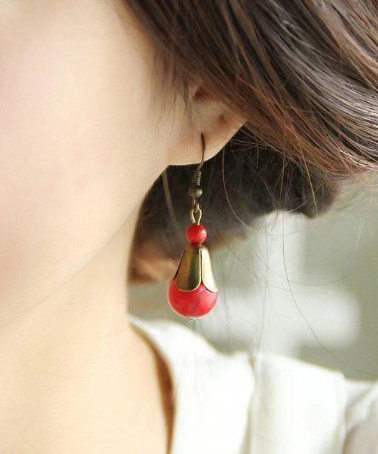 Boho Red Turquoise Patchwork Copper Drop Earrings