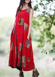 Boho Red U Neck Dress Print Sleeveless Summer Dress - bagstylebliss