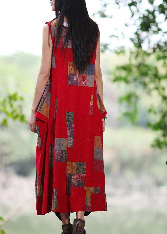 Boho Red U Neck Dress Print Sleeveless Summer Dress - bagstylebliss