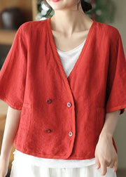 Boho Red V Neck Double Breast Linen Cardigan Summer