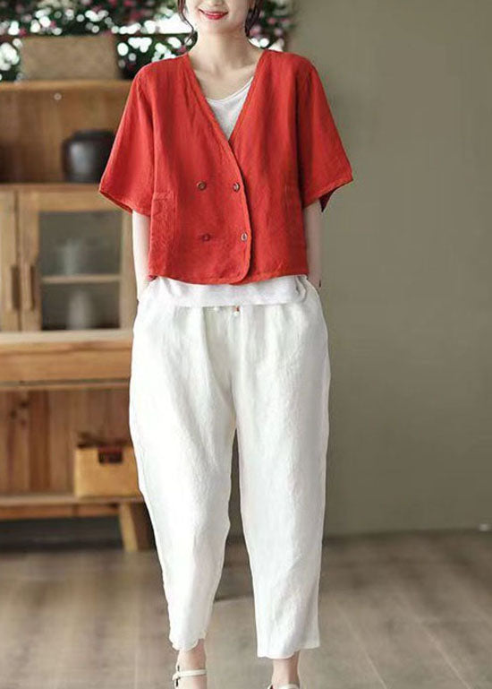 Boho Red V Neck Double Breast Linen Cardigan Summer