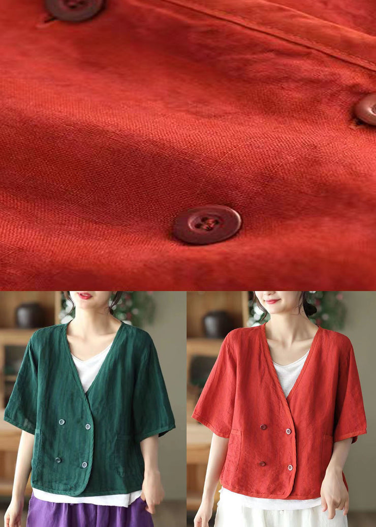 Boho Red V Neck Double Breast Linen Cardigan Summer