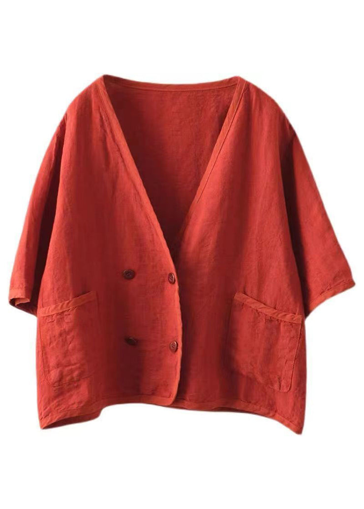 Boho Red V Neck Double Breast Linen Cardigan Summer